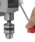 Detail of High Precision Mini Benchtop Drill Press, 340W Electric Portable Drilling Machine with adjustable chuck.