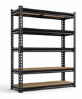 Badass Heavy Duty Five Tier Metal Storage Shelving Unit With Adjustable Height Shelves And Serious Two Thousand Pound Load Capacity For Garage Workshop And Basement Organization, black steel frame with wooden shelves.