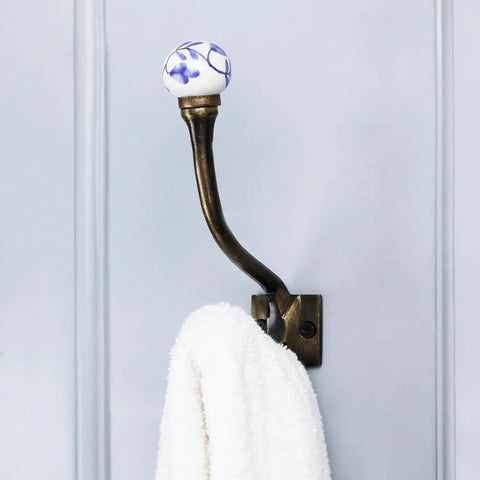 Heavy Duty Double Coat Hooks Wall Mount Six Pack In Blue And White, Decorative Prong Hooks Perfect For Coats, Towels, Backpacks