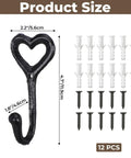 12 Pack Heavy Duty Cast Iron Coat Hooks Wall Mounted Black with heart design, dimensions 2.2x1.8x4.7 inches for durable storage.