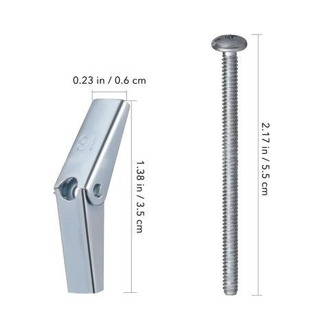 Close-up of toggle bolt and metal fastener from Wing Nut And Toggle Bolt Kit With Drywall Anchors For Hollow Wall Mounting And Hardware Assembly