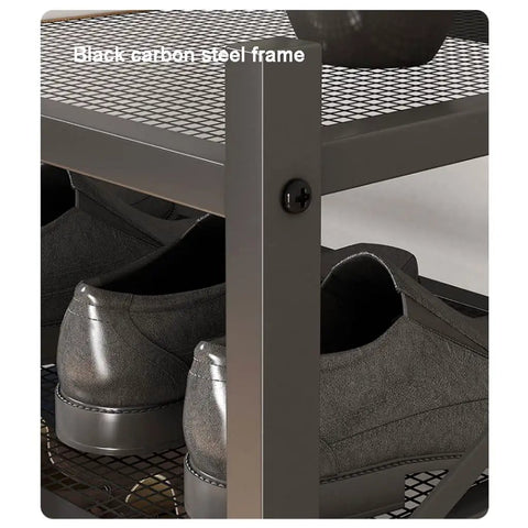 Heavy Duty 5 Tier Shoe Rack For Entryway And Closet, close-up of black carbon steel frame supporting shoes on ventilated mesh shelves.
