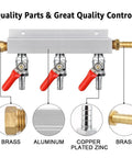 Heavy Duty Co2 Gas Manifold Splitter With 5/16 Inch Barb Fittings showing three valves, aluminum body, and brass fittings.