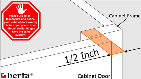 Diagram showing 1/2-inch overlay measurement for 40 Pack One Half Inch Overlay Soft Close Face Frame Cabinet Hinges With 105 Degree Six Way Adjustment And Three Cam Concealed Kitchen Cabinet Door Hinges With Screws Included Easy Install.