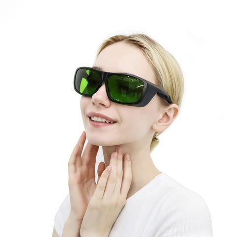 Top Shelf Dental Laser Safety Glasses Featuring Low Green Tint And Heavy Duty High Od Shielding Ultra Lightweight Protective Gear on a model.