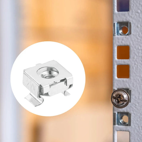 Tough As Nails M4 X 0.7mm Cage Nuts 50 Pack Snap Fit Carbon Steel Zinc Plated mounted on server cabinet rack.