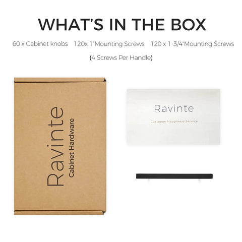 Box contents of 60 Pack Seven And Three Eighths Inch Square Cabinet Pulls In Matte Black Stainless Steel For Kitchen Cabinets And Drawers, Five Inch Center To Center, Durable Modern Hardware including screws.