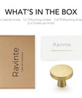 Heavy Gauge Brushed Brass Cabinet Knobs 5 Pack Featuring Smooth Round Edges And Top Shelf Solid Build To Fast Track Your Kitchen Remodel And Make Every Drawer Look Absolutely Sick - includes packaging and components.