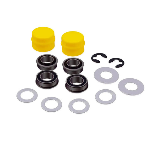 Ditch The Wobble With This Front Wheel Bushing To Bearing Conversion Kit For John Deere L100 L105 L108 L110 L130 Lawn Mower, includes sealed bearings, hub caps, and hardware.