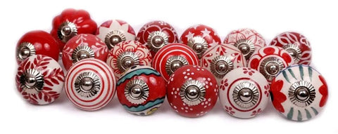 Game Changer Set Of 10 Hand Painted Red And White Ceramic Cabinet Knobs Drawer Pulls Decorative kitchen cupboard handles displayed together.