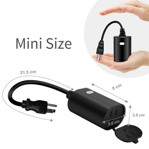 Outdoor Weatherproof Smart Plug 2 Pack Featuring Rock Solid 2.4ghz Wifi And Frictionless Alexa Google Assistant Voice Sync For A No Sweat Patio Automation Setup mini size smart plug in hand showing dimensions.