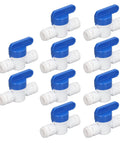 10 pack of Slick Quick Connect Shut Off Valves For 1/4 Inch Water Line Tubing with blue handles, ideal for RO and fridge lines.