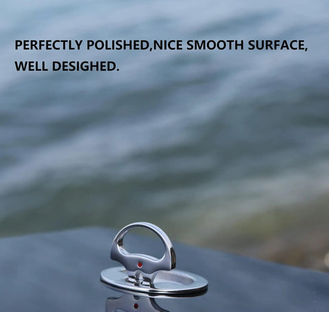 Rock Solid 316 Stainless Steel Marine Cam Hatch Latch with Smooth Flush Pull Handle resting on a polished surface by the water.