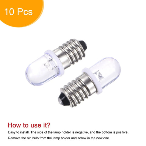 Close-up of Built Tough E10 Screw Base Led Bulb 12 Vdc 0.25 Watt White Round Top Mini Lamp, showing two bulbs with metal bases.