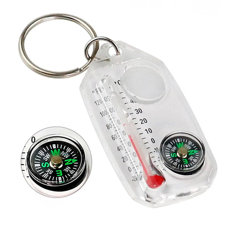 Trail Ready Hiking Compass Keychain Tool For Quick Navigation, clear plastic, metal ring, built-in thermometer, outdoor use