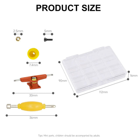 Complete Fingerboard Repair Kit With Slick Trucks Badass Hardware Smooth Wheels Tough Hex Nuts Extra Screws Precision Driver And Solid Brackets For Mini Skate Mods And Fresh Custom Builds including product size details.