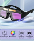 Rugged No Nonsense Laser Safety Glasses Equipped With Auto Darkening Lens Tech, showcasing purple lenses and adjustable black frame.