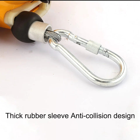 Spring Balancer Tool Hoist Stand With Manual Lock Adjustment And Power Tool Weight Slinger close-up of safety clip and thick rubber sleeve.