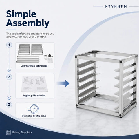 Heavy Duty Six Tier Stainless Steel Bakery Rack Holds Half Sheet Pans, showing simple assembly steps and hardware for setup.