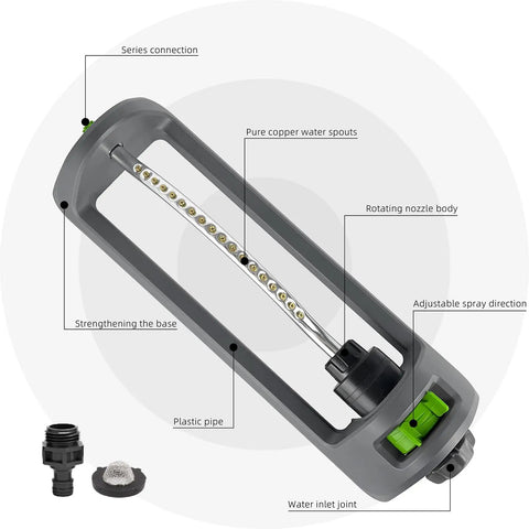 Oscillating Yard Sprinkler Workhorse with 18 brass nozzles, clog resistant, 3600 sq ft coverage, gray with easy flow control features.