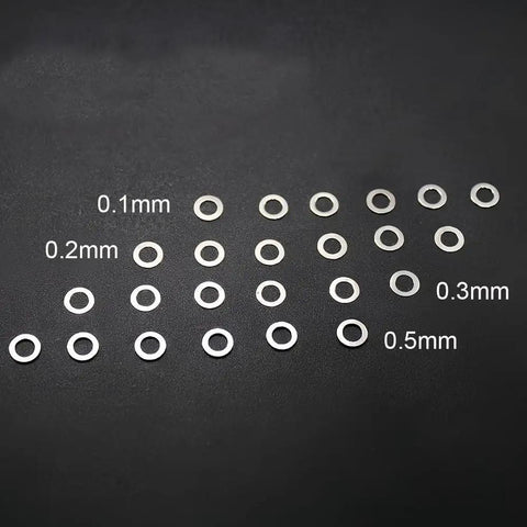 Top Shelf M8 Steel Shim Washers Set Eighty Pieces Precision Ultra Thin Spacers for Electronics showing 0.1mm to 0.5mm thicknesses.