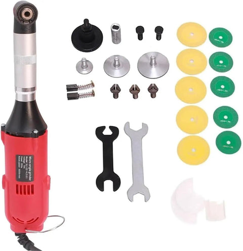 350W Right Angle Die Grinder Offering Variable Speed Up To 15000 RPM For Fast Grout Removal Tight Deburring And Fine Detail Polishing compact tool with accessories and multiple grinding discs.