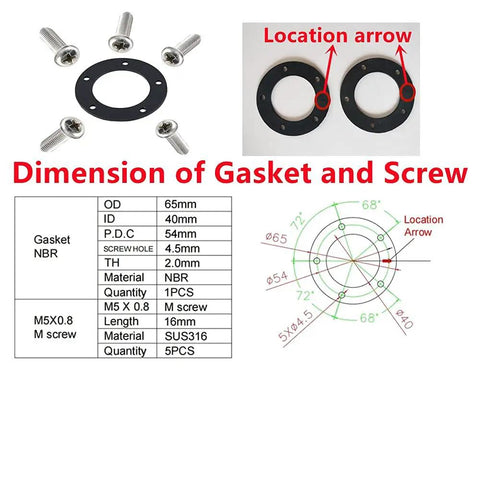 Top Tier Marine Fuel Sending Unit Gasket Kit With Sae Five Hole Nbr Cork Rubber Washer dimensions with screws and location details.