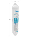 10 Inch Inline Carbon Water Filter For Refrigerator And Ice Maker With Slick 1 4 Inch Quick Connect Nips, side view showing dimensions.