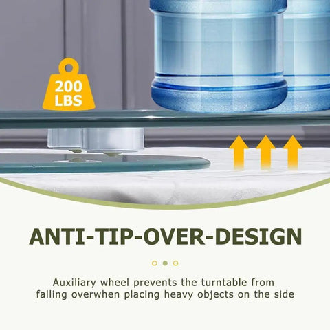 Top Shelf Heavy Duty Tempered Glass Lazy Susan Turntable showcasing anti-tip design with 200 lbs weight capacity.