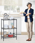 Heavy Duty Steel Wire Shelving Unit Three Tier Adjustable Height Utility Storage Rack For Garage Kitchen With Leveling Feet, in a kitchen setting.