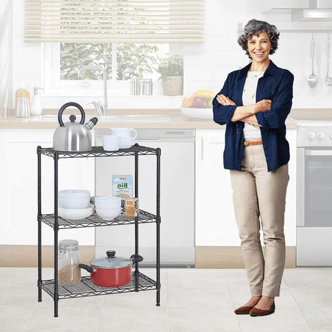 Heavy Duty Steel Wire Shelving Unit Three Tier Adjustable Height Utility Storage Rack For Garage Kitchen With Leveling Feet, in a kitchen setting.