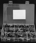 200 Piece Black Blind Rivet Kit Built Tough High Strength Round Head Assortment open in plastic case