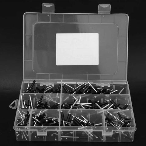 200 Piece Black Blind Rivet Kit Built Tough High Strength Round Head Assortment open in plastic case