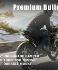 Motorbike on road with Pair 320mm Motorcycle Shocks Universal Rear Air Shock Absorbers For Off Road Bikes Street Bikes ATVs 150cc-750cc Center Distance Fit Check Heavy Duty Performance Beef Up Your Ride visible, highlighting premium build features.