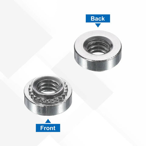 Straight Up Heavy Duty 25 Piece Self Clinching Nuts Press Fit Rivet Nut Kit With 8-32 Thread And 0.14 Inch Length Made From 304 Stainless Steel showing front and back views of a nut.