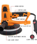 Close-up of Varsity Grade Adjustable Wall Grinder Hooks Up To Shop Vac For Dust Free Putty Work 750W Motor with controls labeled.