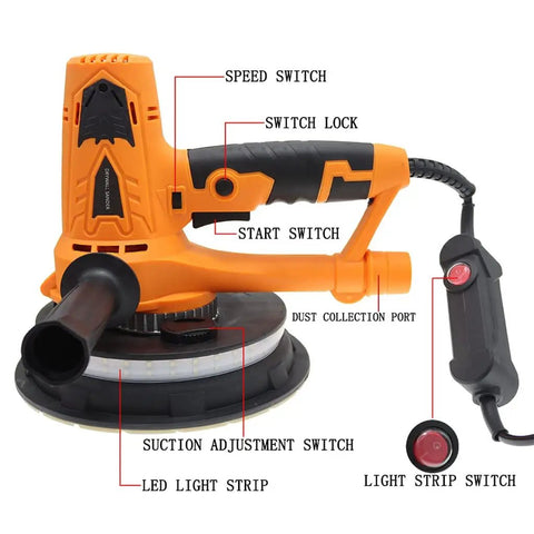 Close-up of Varsity Grade Adjustable Wall Grinder Hooks Up To Shop Vac For Dust Free Putty Work 750W Motor with controls labeled.