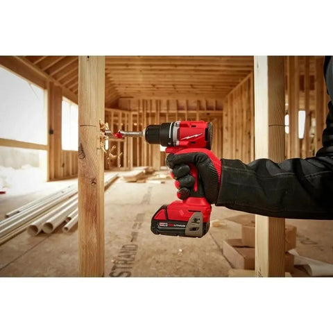 Rugged Brushless Compact Cordless Drill Driver Delivers Serious Kick Rock Solid Metal Construction And Maximum Torque For Tight Worksite Grinds Sold As Bare Tool in use drilling wood.