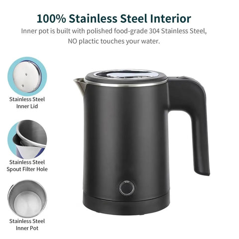 Image of a black 0.5L Portable Electric Kettle For Travel And Office Stainless Steel Mini Tea And Coffee Kettle, showing side view and interior material.