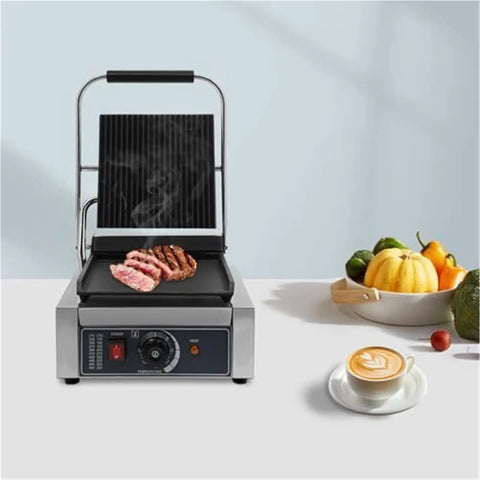 Heavy Duty 1800W Commercial Sandwich Panini Press Grill cooking meat on a flat griddle with adjustable temperature control.