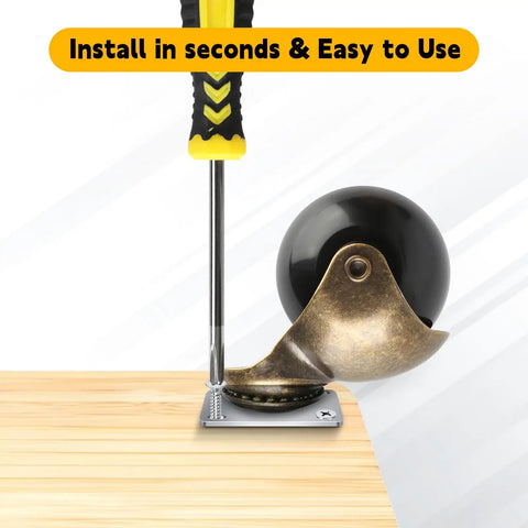 Smooth Operator 2 Inch Heavy Duty Double Ball Bearing Caster Wheels with brass accents and screwdriver for installation on wood.