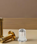 Stainless Steel Pro Grade Rivet Nut Kit 70 Pack Flat Head Threaded Inserts, shown with bolts on a wooden surface.