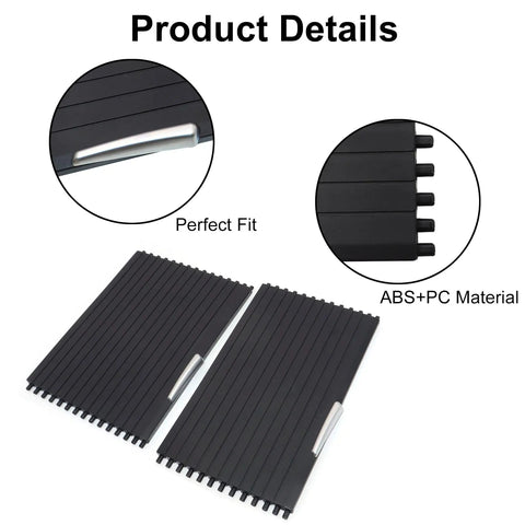 Hella Durable Center Console Cup Holder Slide Cover Featuring Slick Gliding Roller Blind Shutters For BMW X5 And X6 Models showing two black sliding trays of ABS+PC material.