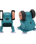 No Drama Heavy Duty Bench Grinder With Permanent Magnet Motor Spinning At 5500RPM And 70mm Grinding Wheels, dual wheels visible.