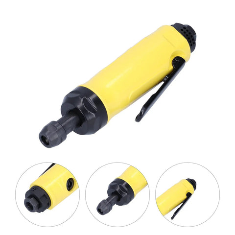 Compact Pneumatic Air Angle Die Grinder Featuring Sealed Ball Bearings And Knockout Performance For Nasty Rust Removal And Smooth One Hand Control On Job Sites And Garage Benches, side view with yellow frame.