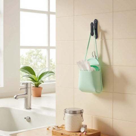 Heavy Duty Black Zinc Alloy Wall Towel Hooks For Bathroom holding a mint green organizer with papers in a modern bathroom setting.