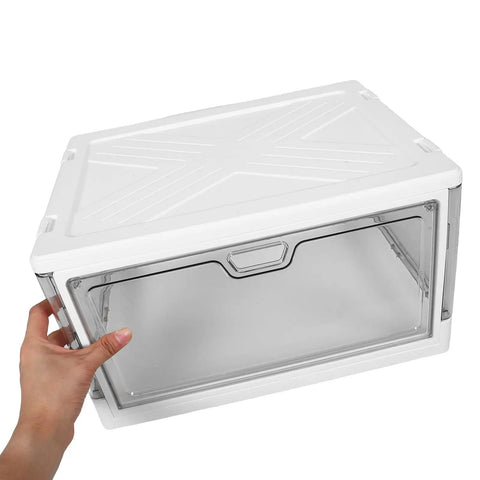 Clear Stackable Storage Bins With Transparent Slide Front Doors Absolute Game Changer Closet Organization And Bedroom Decluttering Zero Stress Everyday Gear Tidy Up, white box held in hand.