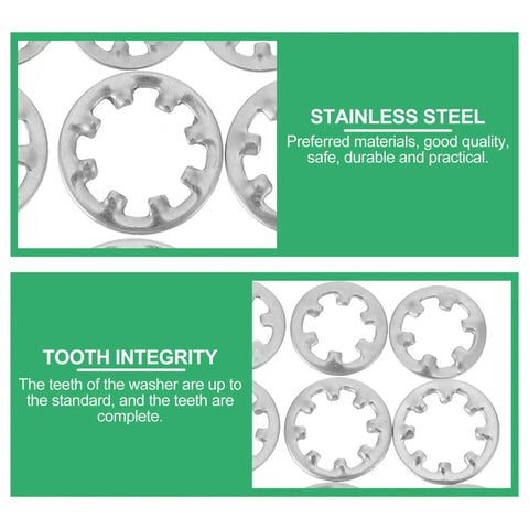 Stainless Steel Internal Tooth Locking Washers Set 300 Pcs with tooth integrity and durability details.