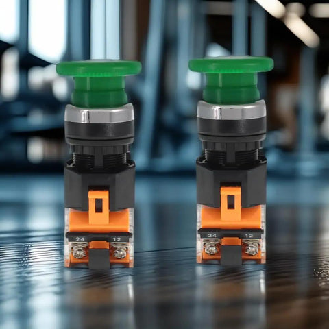 Green Emergency Stop Push Button Switch 22mm Mushroom Head Spring Return 2-Pack for industrial control panels, showing side profiles.