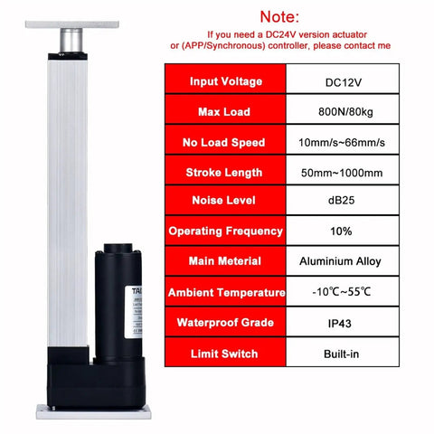 Heavy Duty Electric Linear Actuator 12V 800N 80KG Load Telescopic Push Rod with specifications and aluminum alloy material.